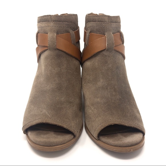 Lucky Brand Haryson Peep Toe Suede Ankle Boots Taupe Brown Block Heel 8 - Picture 5 of 8